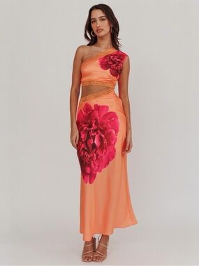 Saints & Secrets Mahli One-Shoulder Cut-Out Maxi Dress Orange Pink Floral Small